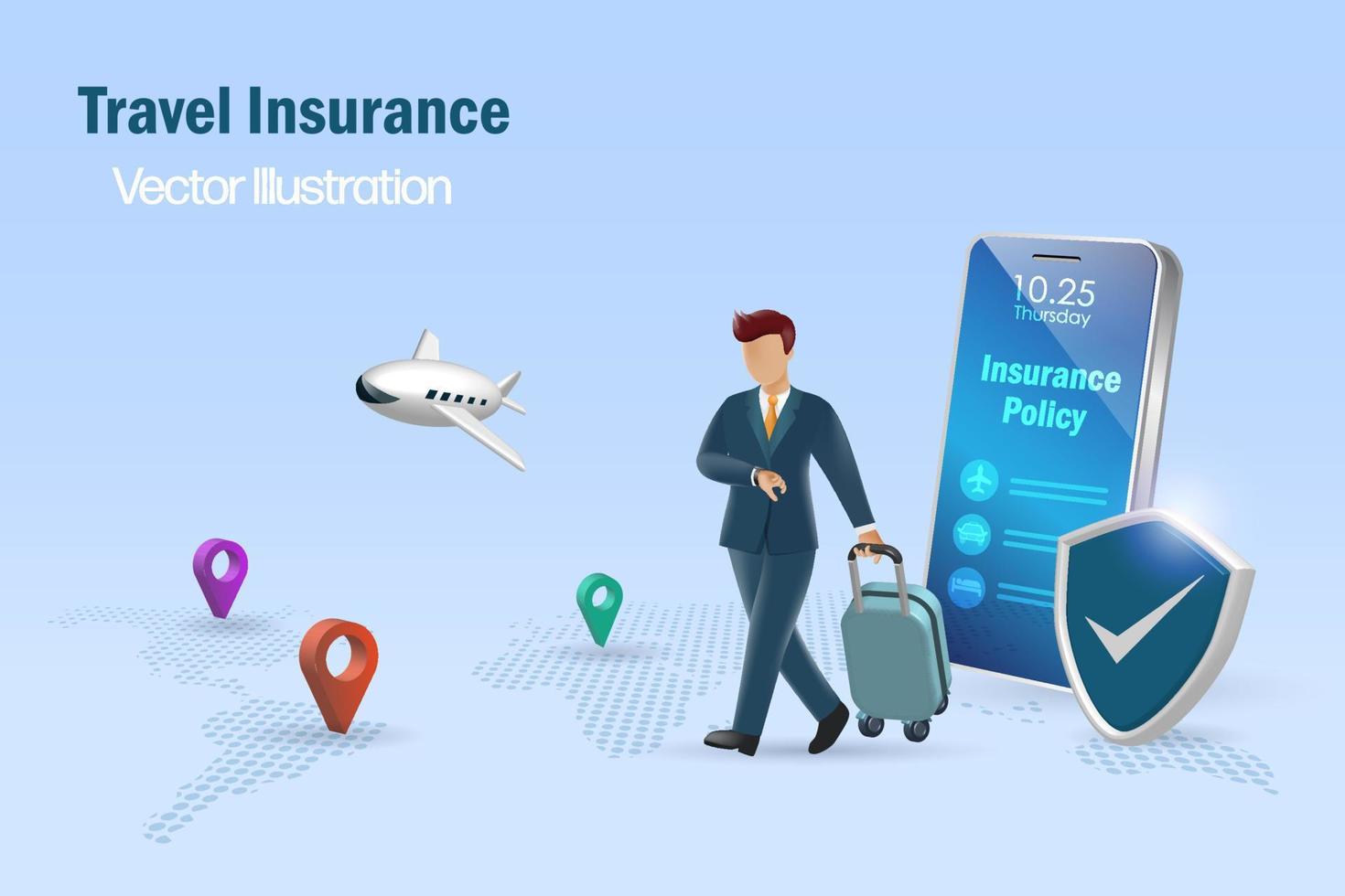 Travel insurance concept. Businessman carrying luggage at airport with travel insurance policy and protection shield on smartphone. 3D vector. vector