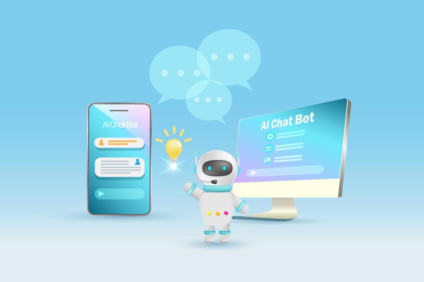 AI chat bot on computer generate smart solution answer to user. Artificial intelligence robot answer questions provide smart refinement conversation and ideas. 3D vector. vector