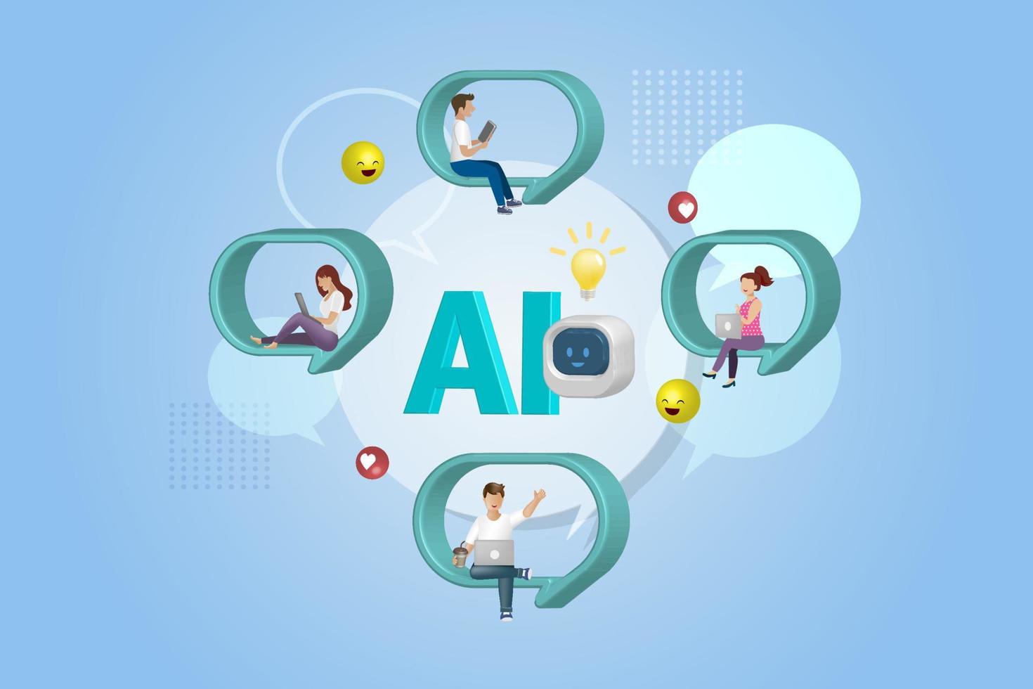 People chatting with AI chat bot and get smart solution. Artificial Intelligence robot communicate with human natural language provide smart solutions. 3D vector. vector