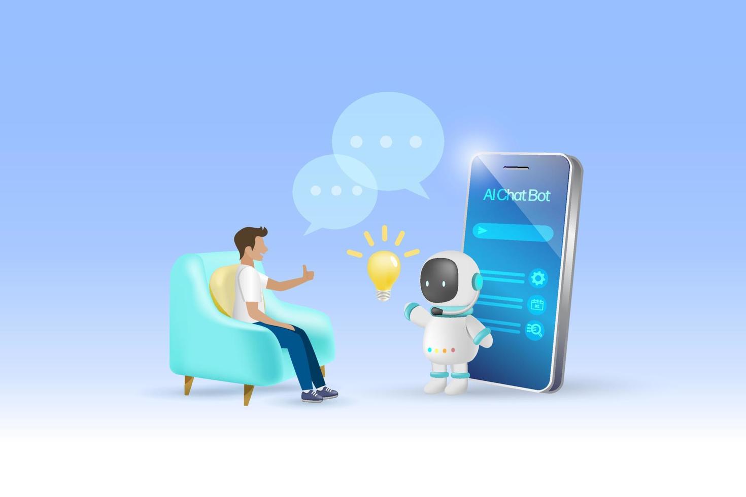 AI chat bot chatting with man provide smart solution idea on tablet. Artificial intelligence robot answer questions and generate smart refinement conversation. 3D vector. vector