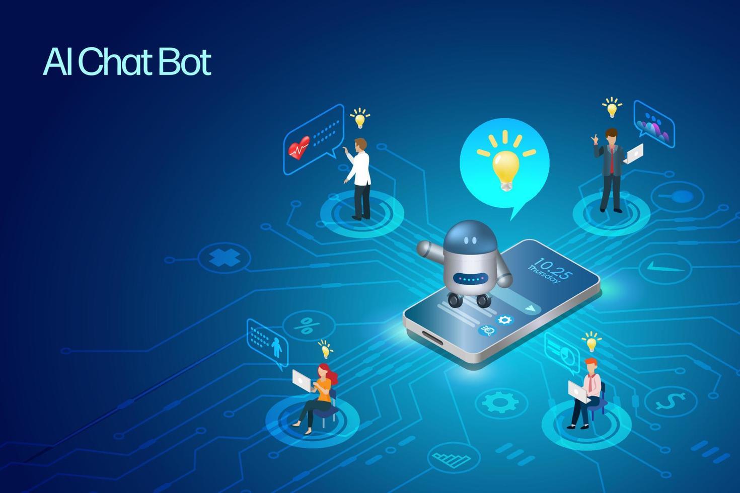 Ai chat bot on smartphone answer users question with smart solution idea. Artificial Intelligence robot answer users question generate smart solutions in varies categories. 3D vector. vector