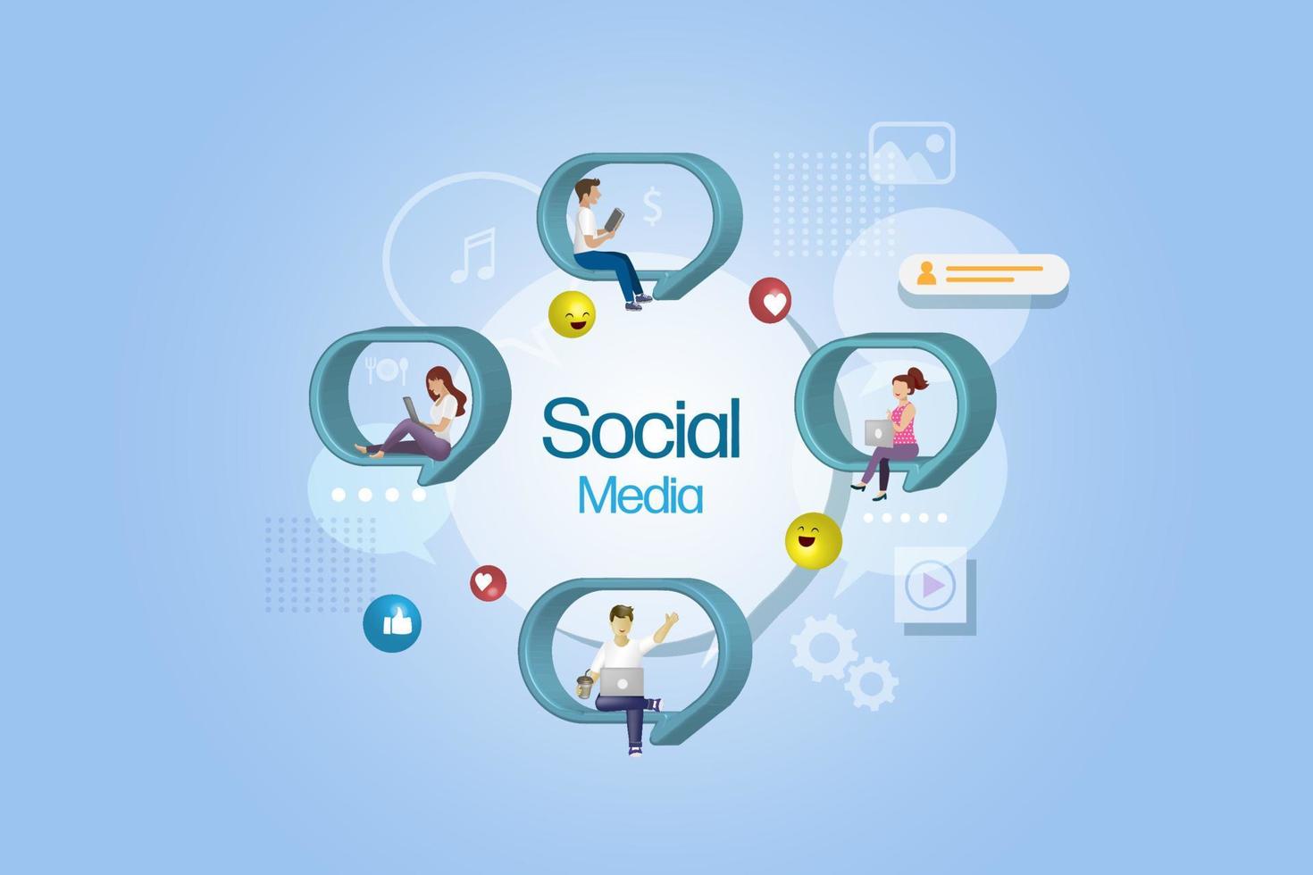 Social media communication network. People sit on speech bubble using smart device connecting to social media in wireless technology. 3d vector. vector