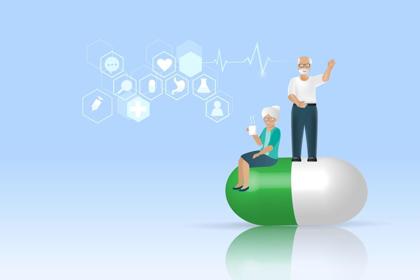 Senior couple on capsule medicine. Medication, health insurance, supplements and vitamin for elderly health care and wellbeing. 3D vector. vector
