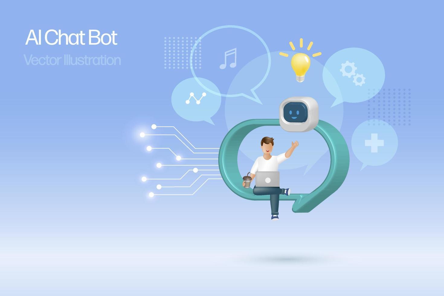 hombre en pregunta marca chateando con ai charla larva del moscardón y dando inteligente solución. artificial inteligencia robot comunicar con humano natural idioma proporcionar inteligente soluciones 3d vector. vector