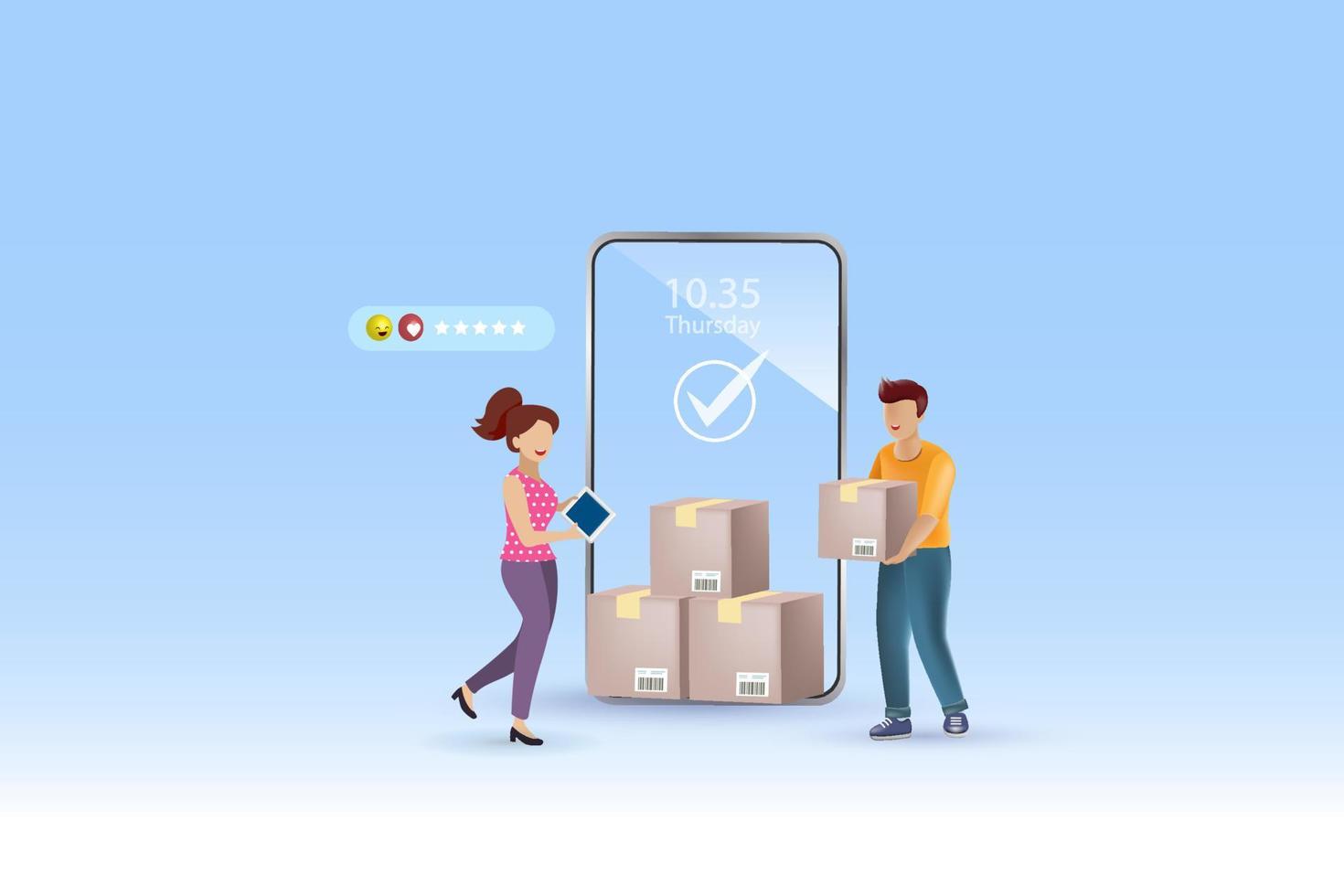 Online delivery service with success and excellent customer rating performance. Delivery man holding carton shipments with smart tracking technology and best delivery service performance. 3D Vector. vector