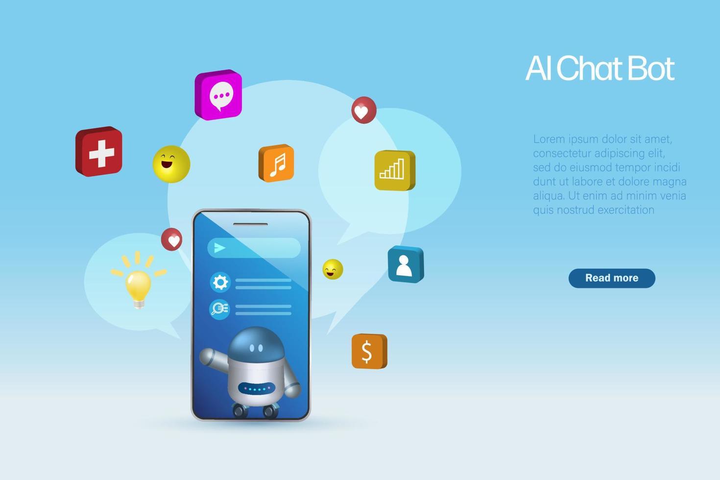 Ai chat bot on smartphone answer users question with smart solution idea. Artificial Intelligence robot answer users question generate smart solutions in varies categories. 3D vector. vector