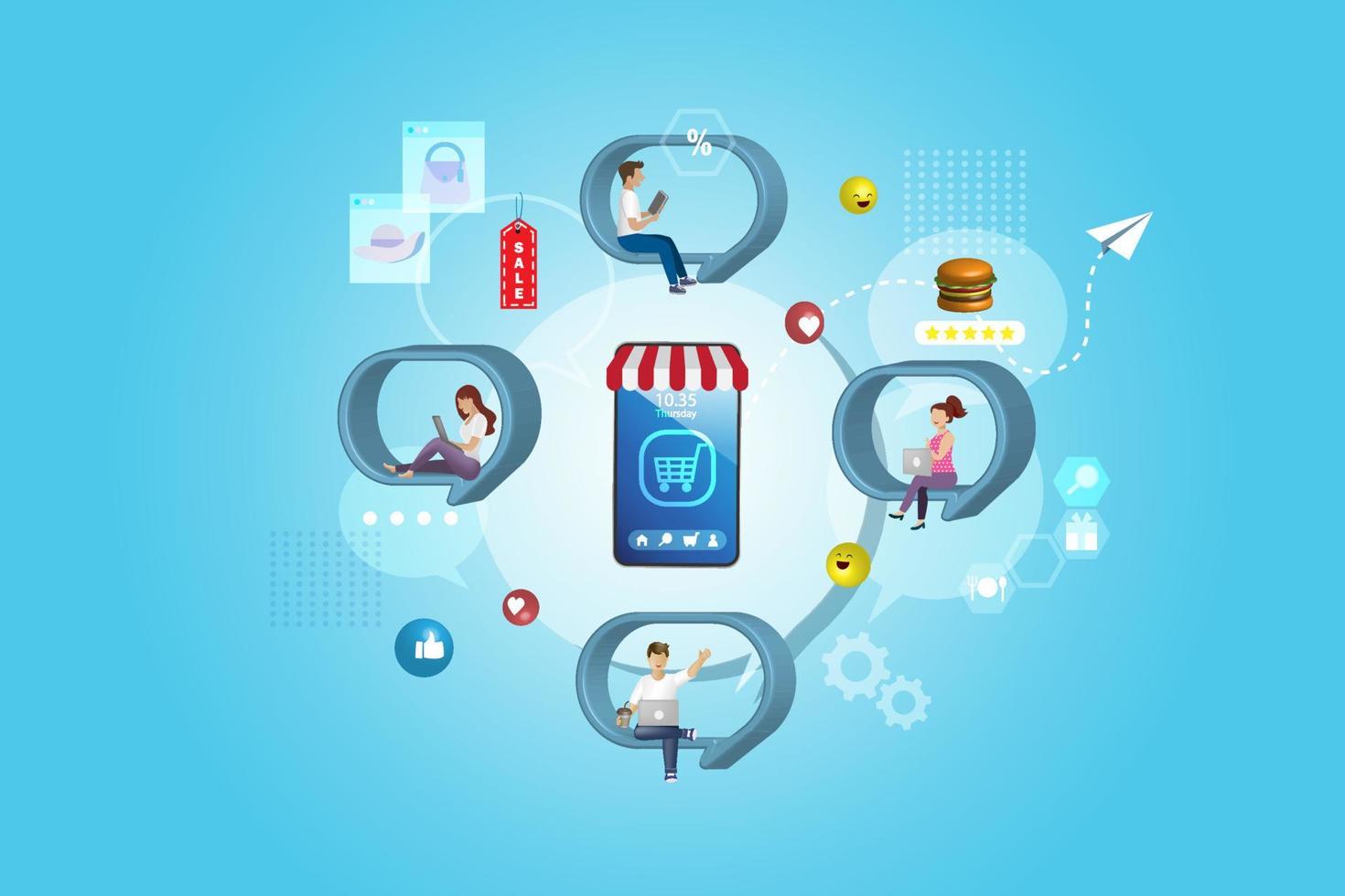 People on speech bubble enjoy online shopping foods and products on smartphone. Online shopping communication, e commerce and e store concept. vector