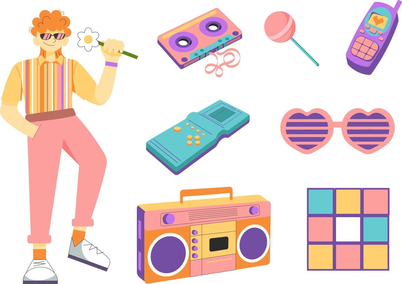 90s fashion. Set, collection of items in flat retro design. Redheaded cool man, cassette tape, tape recorder, tetris, rubik's cube, retro phone vector