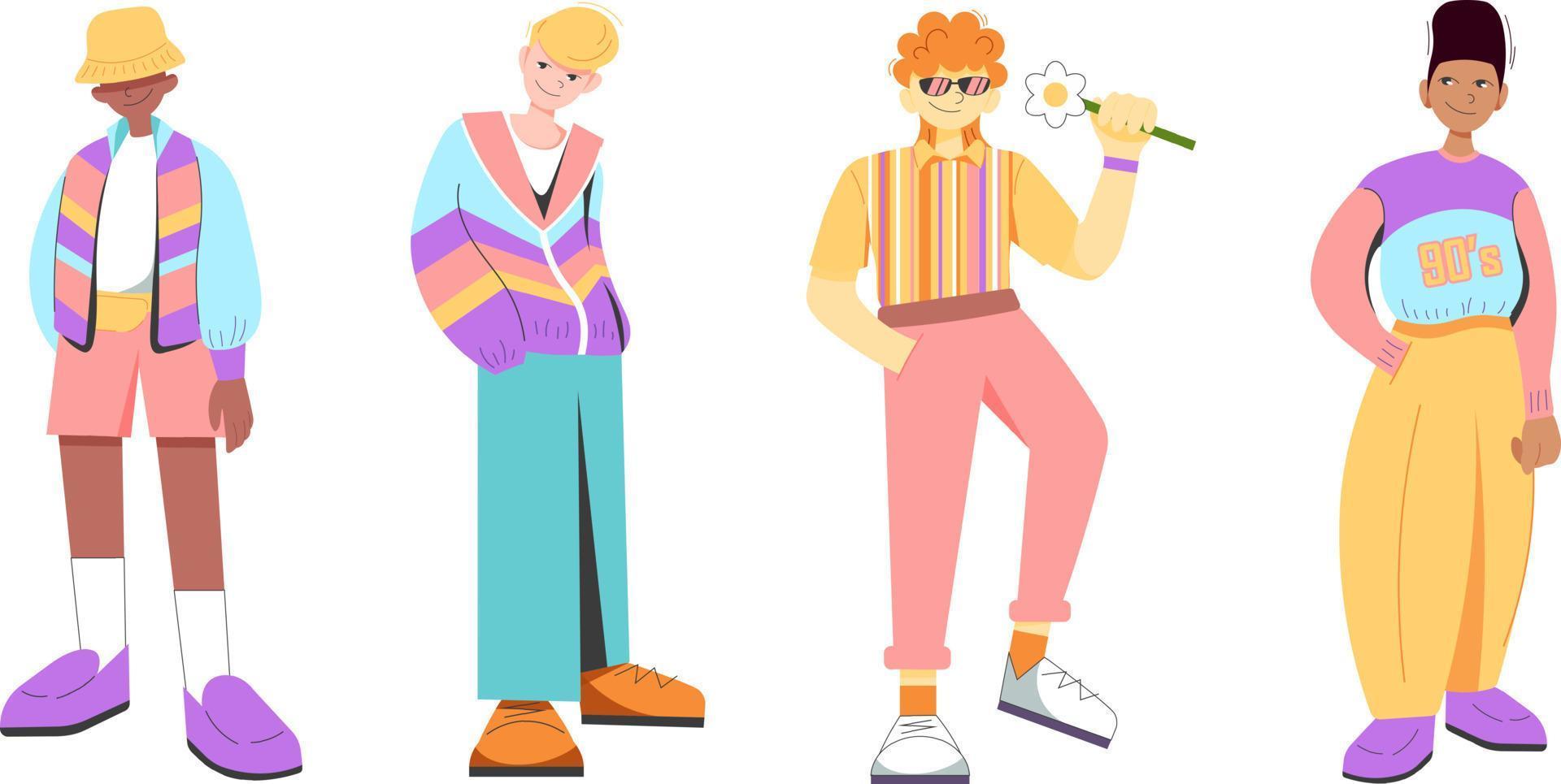 Flat retro design. Groovy, 90s fashion. Set of men in 90's sports style. Black man, guy, blond, redhead in 90's clothing. Cool flat men vector