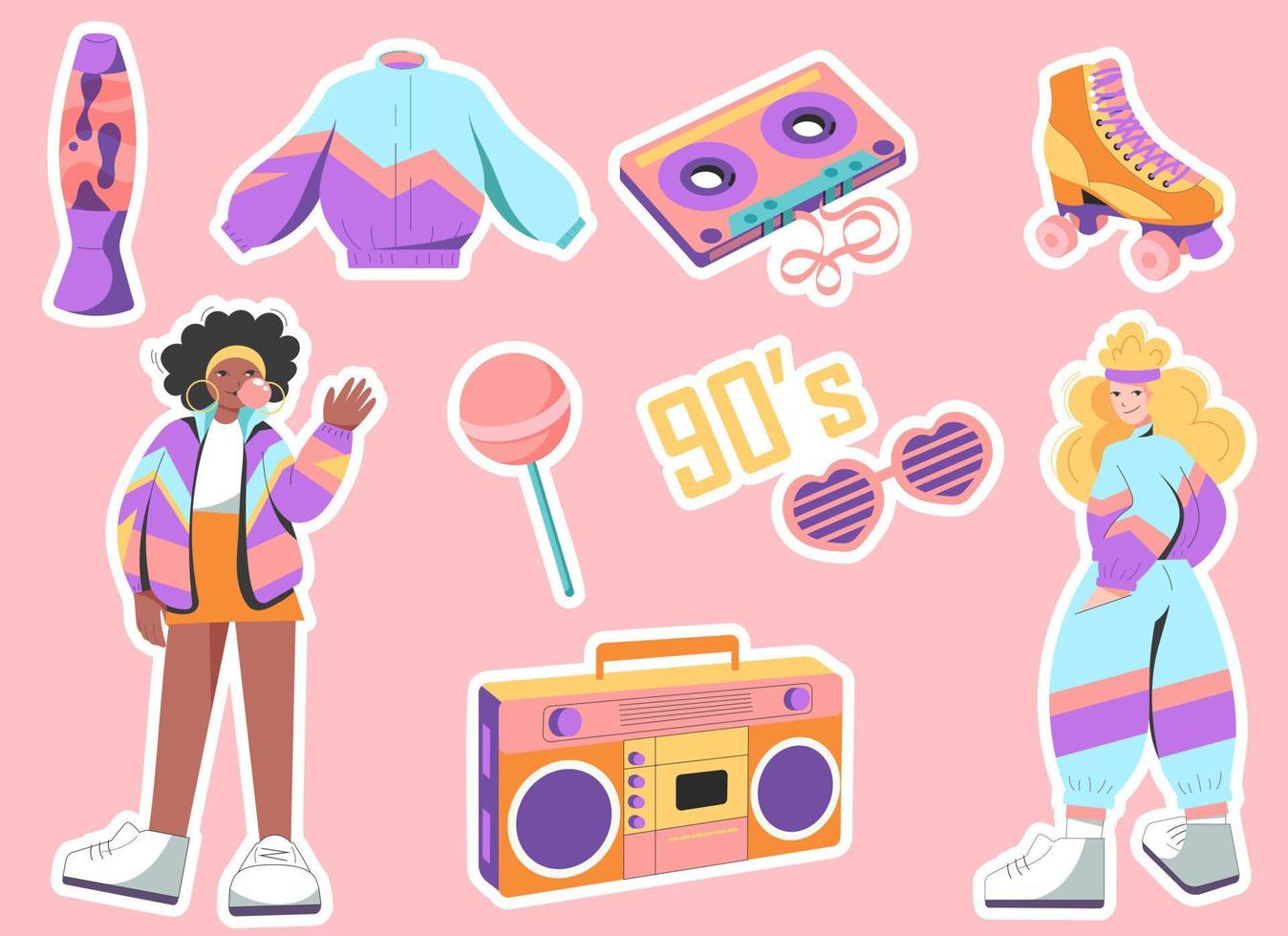 90s fashion. Stickers in flat retro design. Sportswear, tape recorder, cassette tape, lava lamp, roller skates. Black woman and blonde in 90's sportswear vector