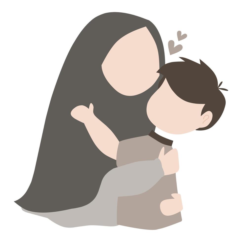 Muslim mother hugging her son illustration vector