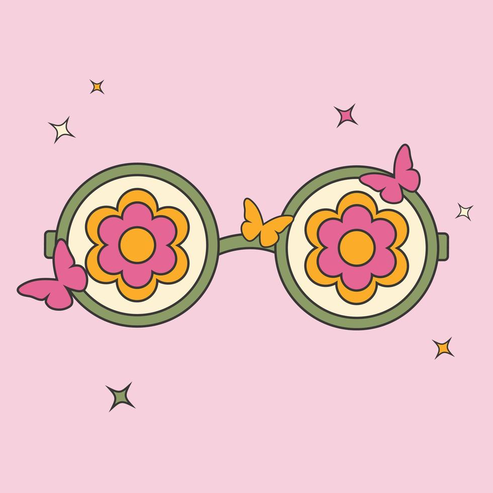 retro maravilloso primavera y verano floral Gafas de sol pegatina. saludo tarjeta, bandera, póster. 70s 60s dibujos animados estética vector