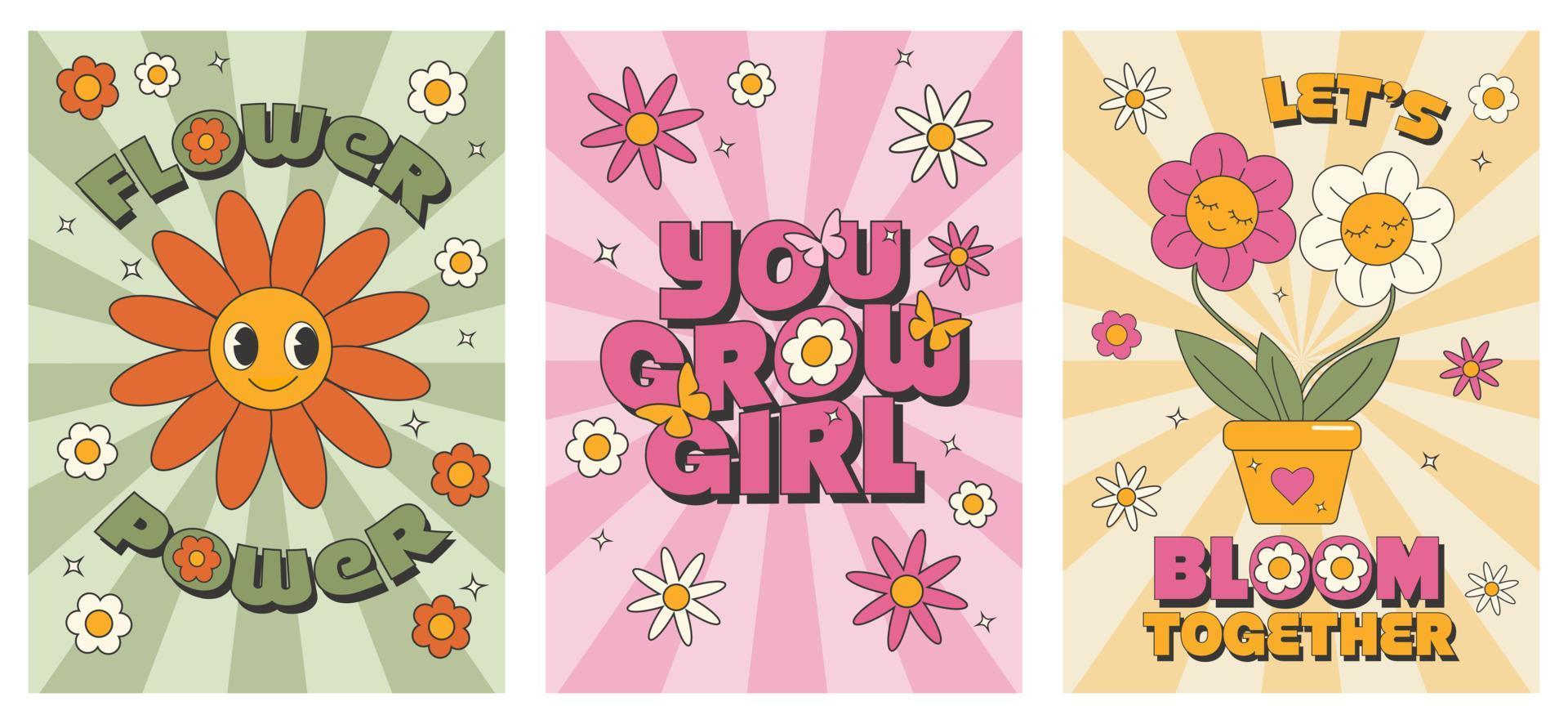 Groovy 70s set. Y2k groovy spring poster set. Funny cartoon flower, daisy, plant vector