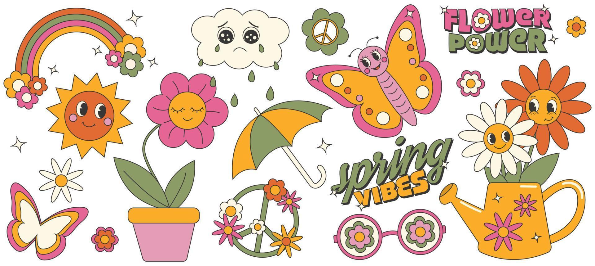 Y2k groovy spring sticker set. Retro floral spring aestetics. Cartoon characters in trendy retro 60s 70s style. vector