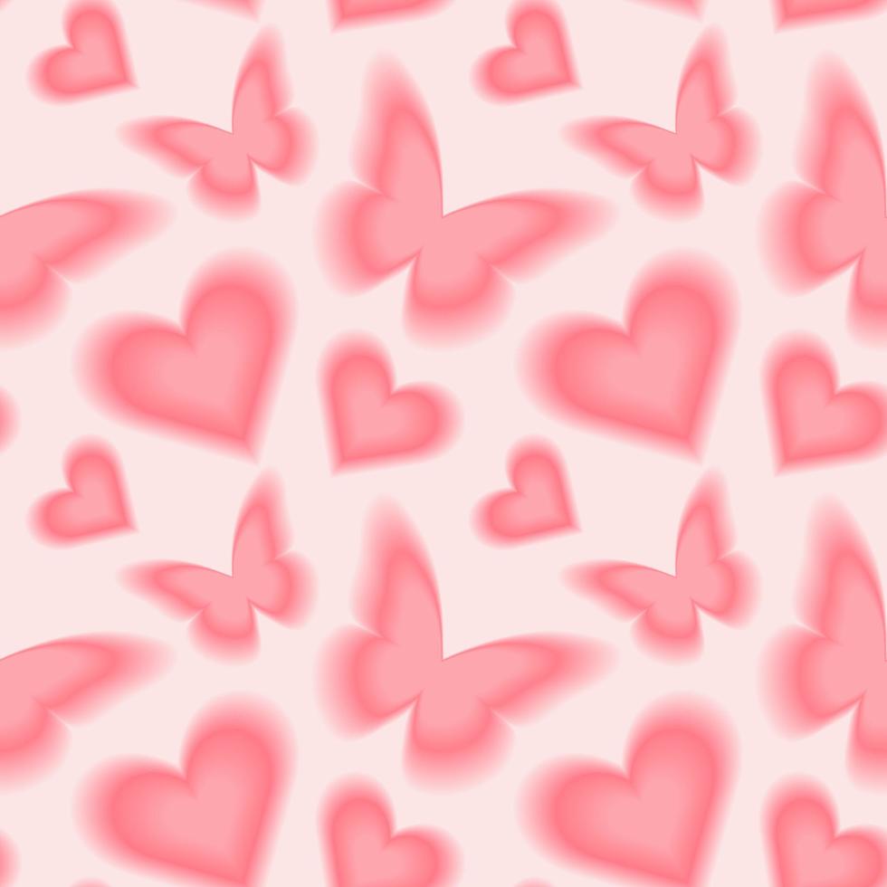 Seamless pattern with y2k blurred gradient butterflies and hearts. Pastel color background. vector
