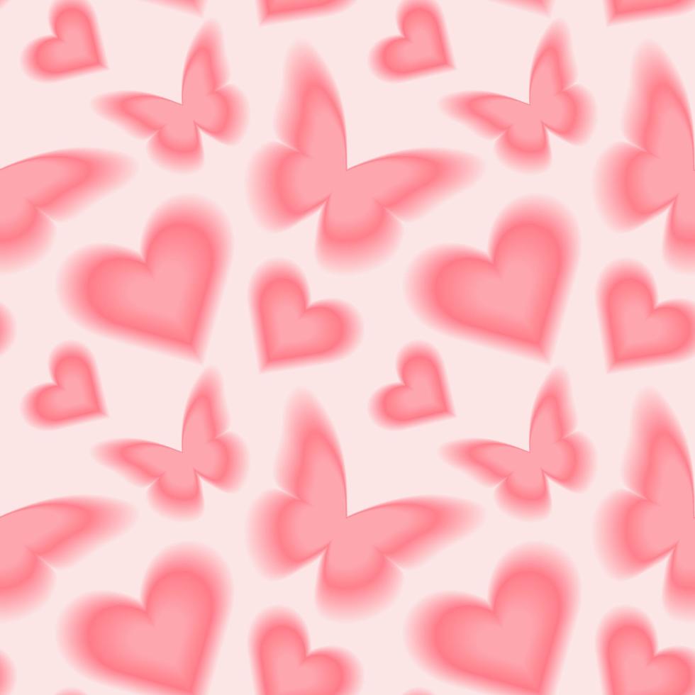 Seamless pattern with y2k blurred gradient butterflies and hearts. Pastel color background. vector