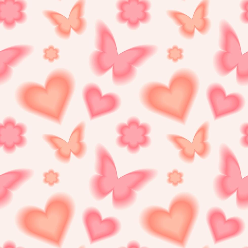 Trendy seamless pattern with y2k blurred gradient daisy flower, hearts and butterflies. Pastel color background. vector