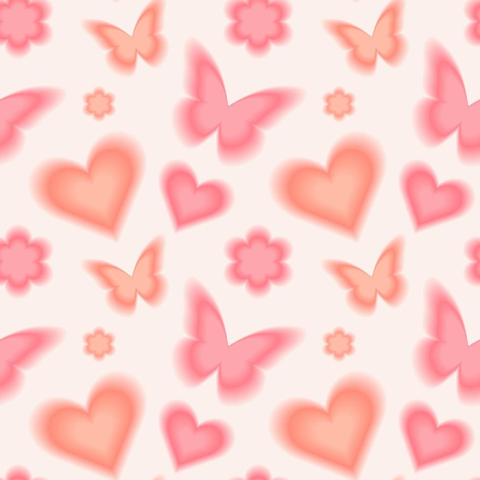 Trendy seamless pattern with y2k blurred gradient daisy flower, hearts and butterflies. Pastel color background. vector