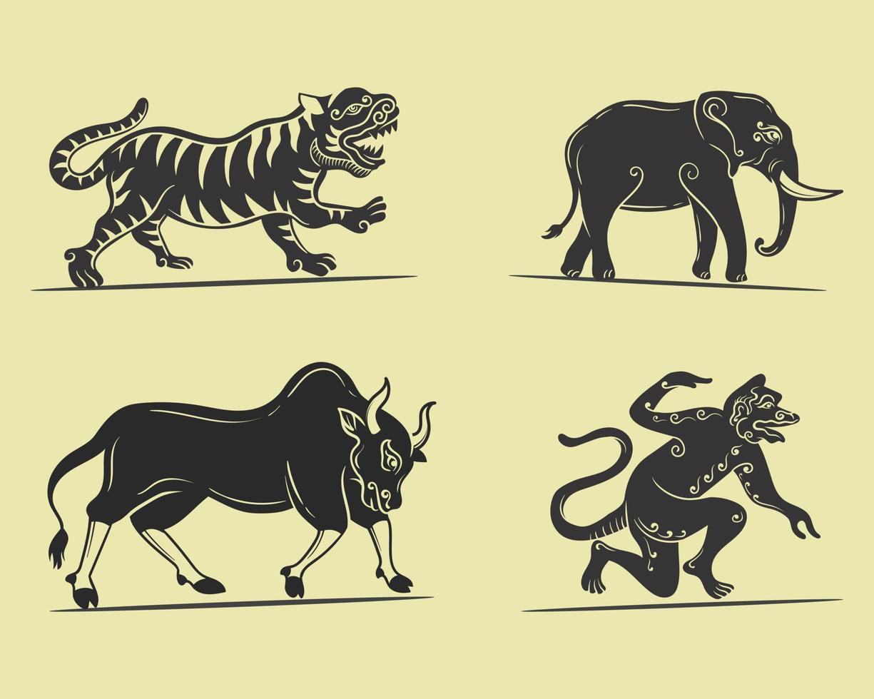 Vector traditional art with cow, elephnat, tiger and werewolf animal