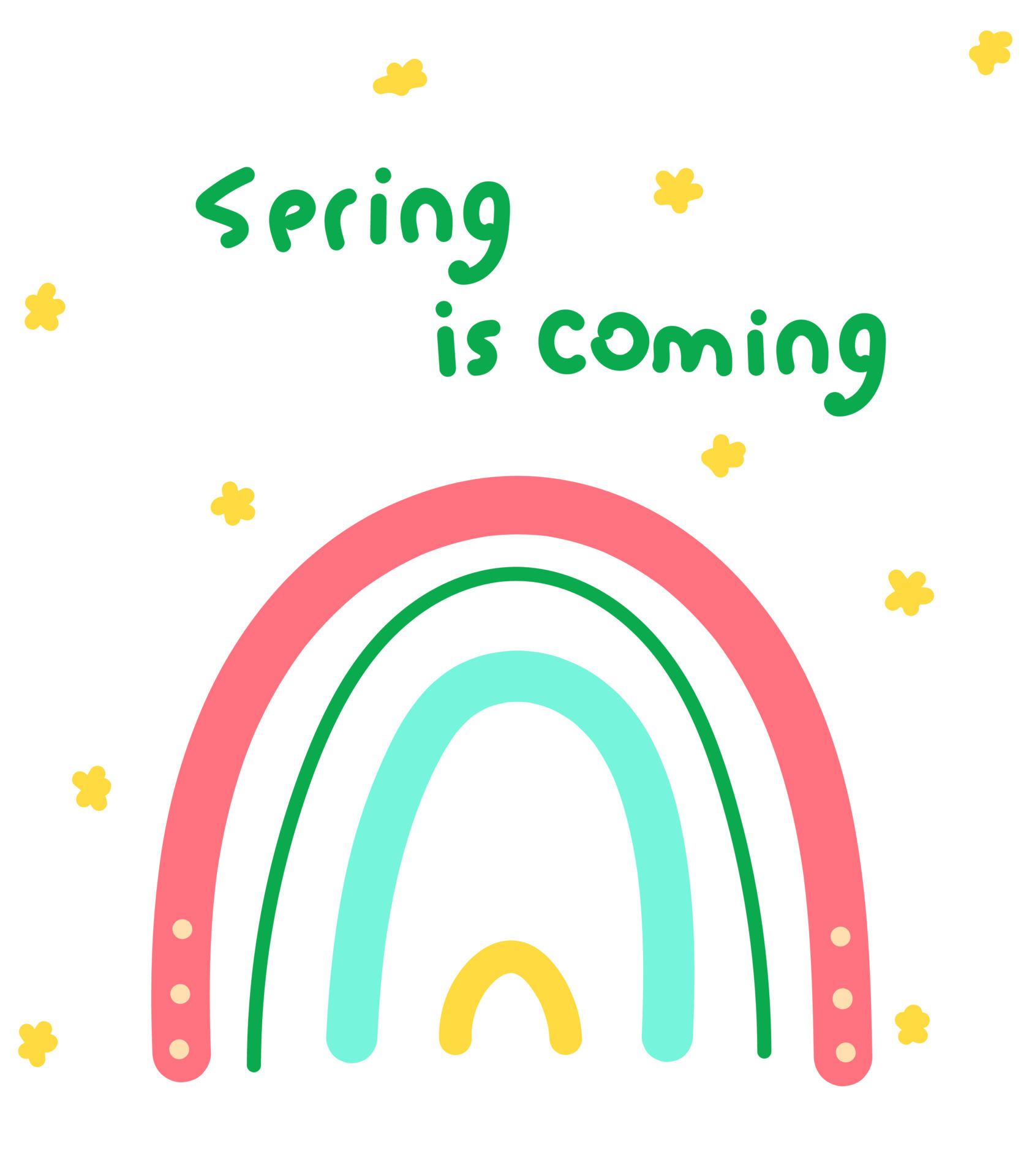 Postcard with a rainbow. Spring is coming lettering on the poster