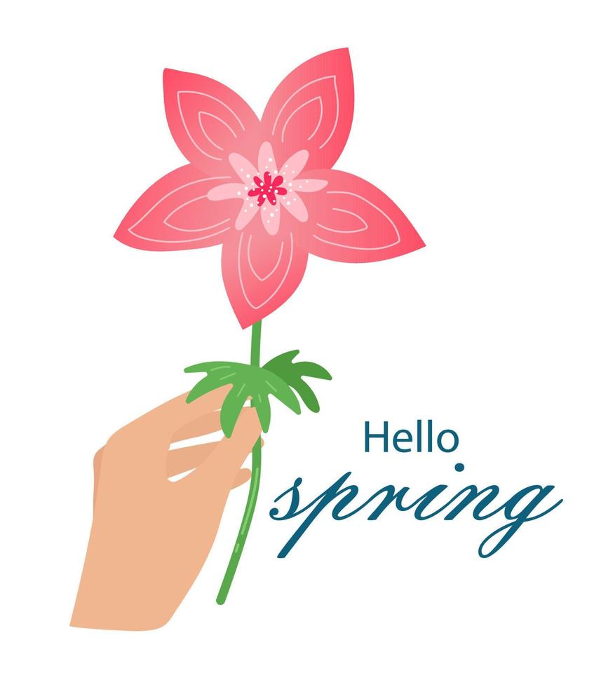 tarjeta postal póster Hola primavera. rosado flor en mano vector