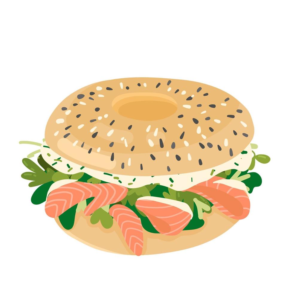 Bagel illustration with red fish salmon.Breakfast vector illustration for menu, brochures, posters