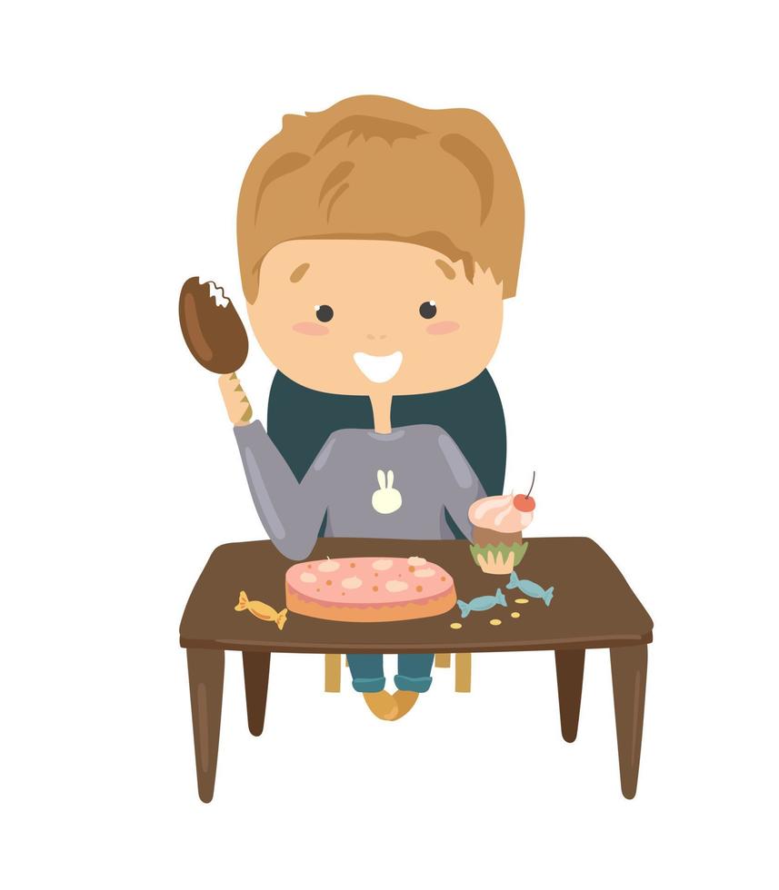 The boy sits at the table and eats sweets. Sweet tooth. Wrong unhealthy diet vector