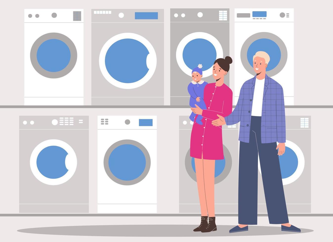 Young family will choose  washing machine in a shopping center of household appliances supermarket vector