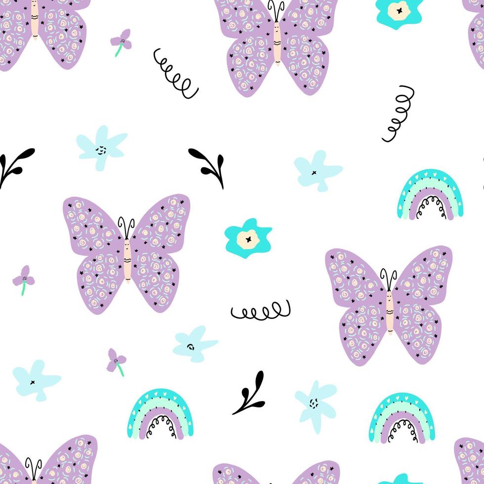 seamless pattern with abstract flowers,rainbows and butterflies,childish print for wallpaper,kids fabric,nursery interior,pastel baby shower illustration in doodle style,white background vector