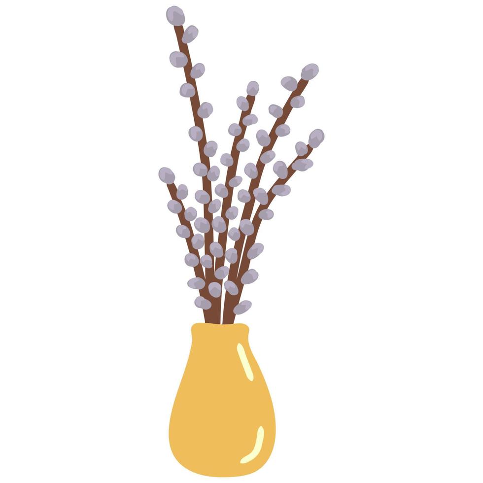 Spring willow seals on white background.Blooming willow twigs illustration in flat style,Easter decor. Bouquet with pussy tree buds. Willow branch for greeting cards, poster,banner vector
