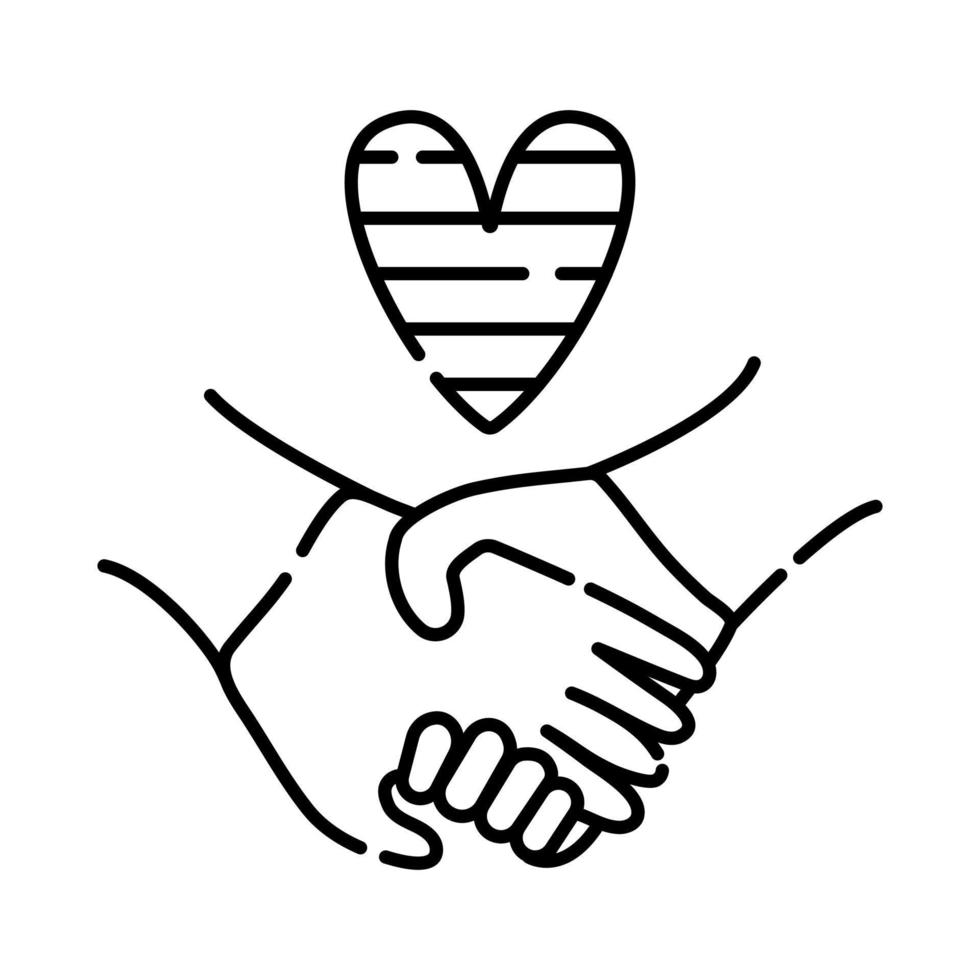 Sign of love and trust, second halves are holding hands, black line vector illustration