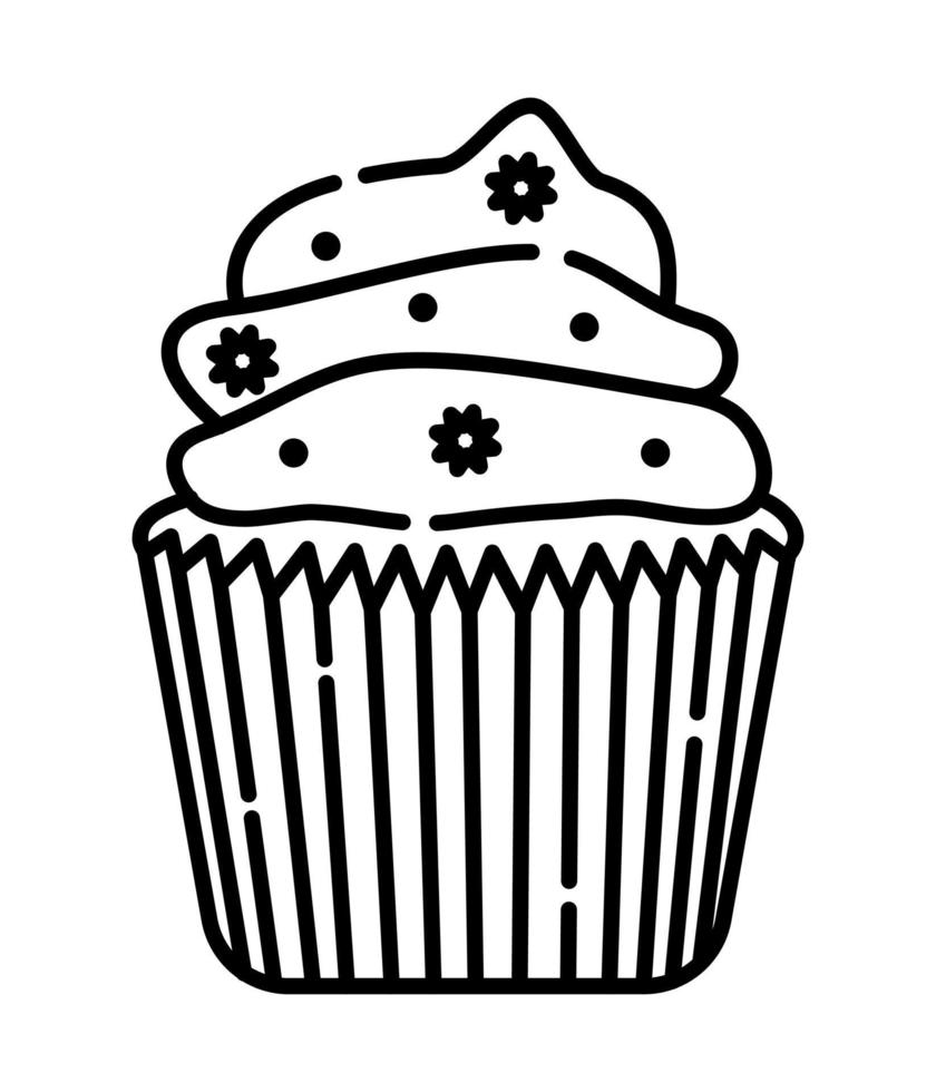 Appetizing creamy cupcake, black and white vector line illustration