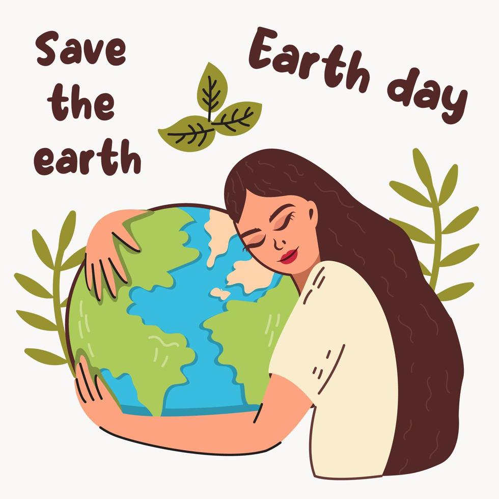 amante de la naturaleza del día mundial de la tierra, estilo de vida ecológico, niña abrazando el planeta tierra con el concepto de protección ambiental de energía ecológica verde, ilustración vectorial plana. vector