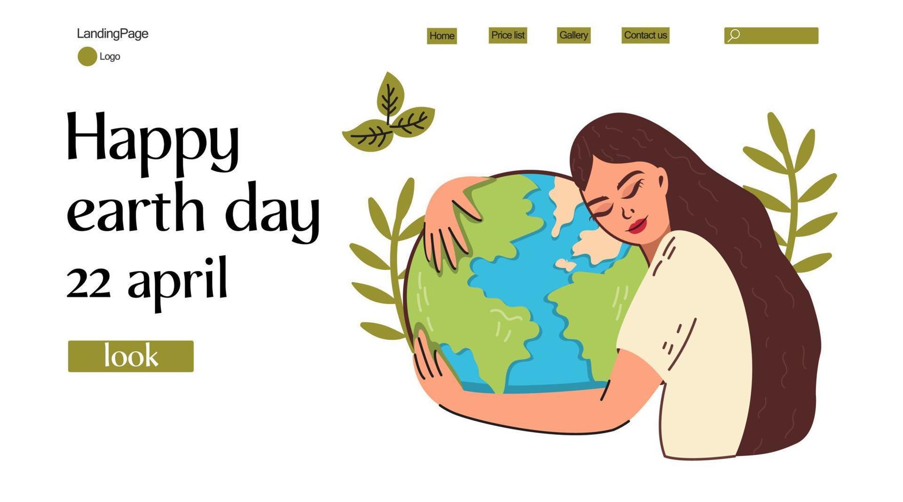 Web page. World Earth Day Nature lover, ecology friendly lifestyle , girl embracing the planet Earth with green eco energy environmental protection Concept , Flat vector illustration