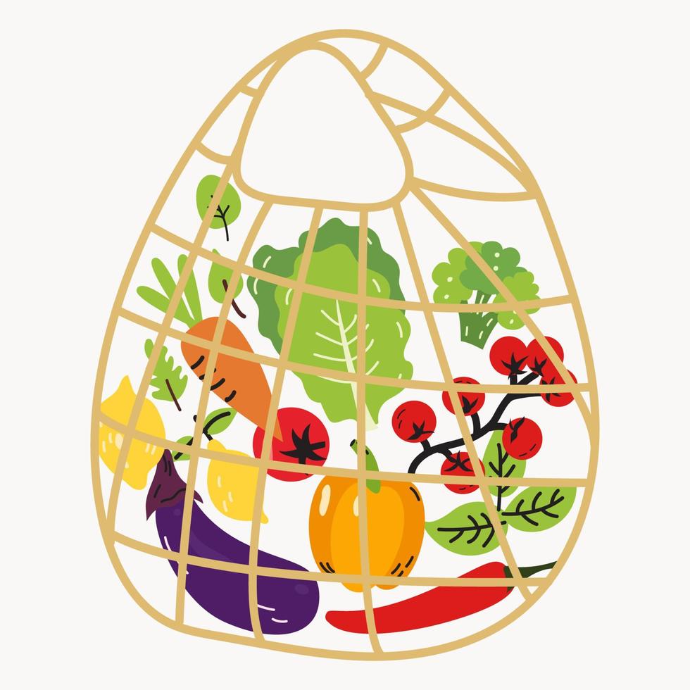 malla eco bolso lleno de vegetales aislado en blanco antecedentes. moderno comprador con Fresco orgánico comida desde local mercado. vector ilustración en plano dibujos animados estilo