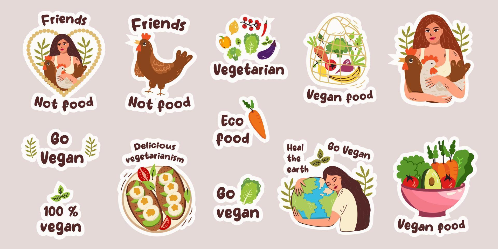 Ecology stickers. Green lifestyle. Eco and nature saving. Slogan and environment elements. Doodle style. Vegan eating. Stop pollution. Waste recycle. Vector Planet.