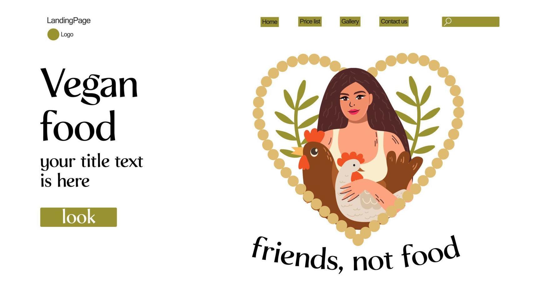 Vegan food website background. young woman has a chickens, and the inscription friends are not food in a pink bubble. Vector illustration on the topic of veganism and vegetarianism