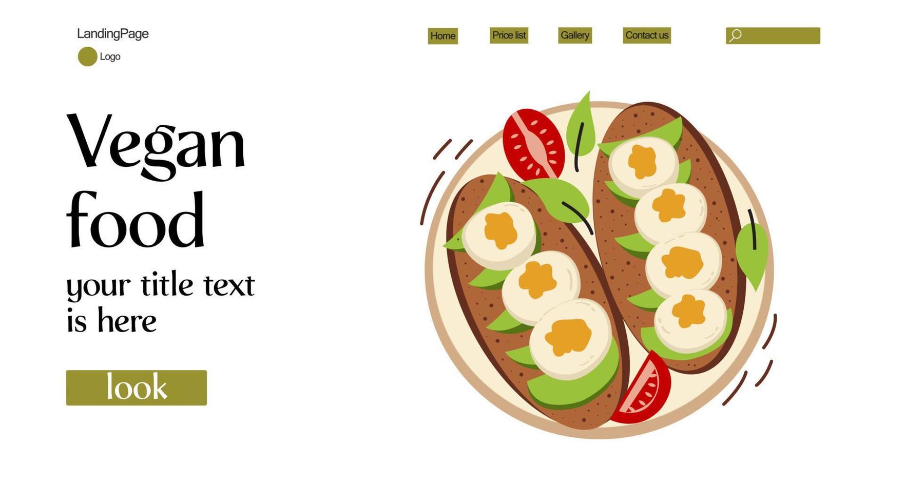 Vegan food website background. Isolated fruit and vegetable salad plate icon. Avocado toast with fresh slices of ripe avocado, eggs, seasoning and dill, tomato. Delicious avocado sandwich. Vector