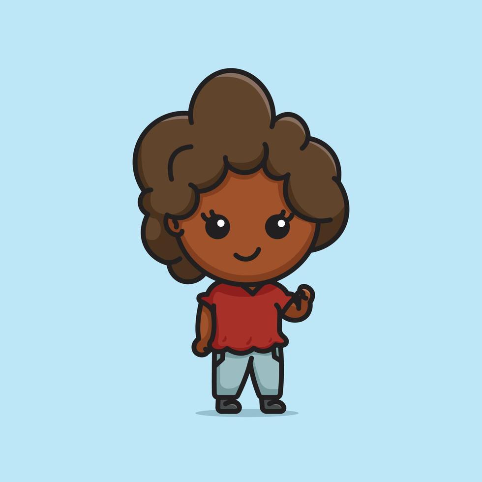 linda hermosa oscuro desollado mujer con rizado afro marrón pelo puño arriba dibujos animados personaje ilustración vector aislado