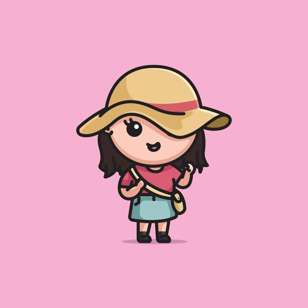 Cute beautiful woman smiling with straw hat and sling bag fist up cartoon character illustration vector isolated