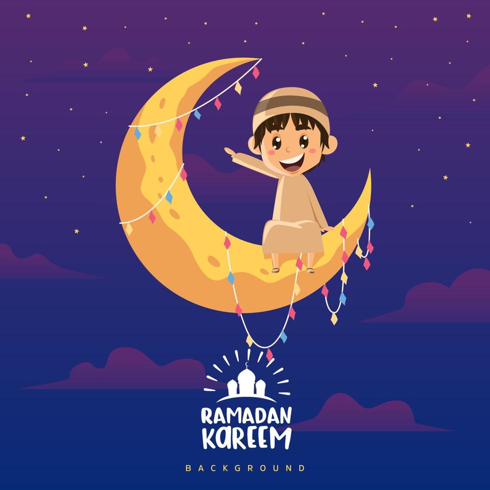 Ramadán kareem musulmán chico niño sentado en el creciente Luna dibujos animados estilo vector ilustración