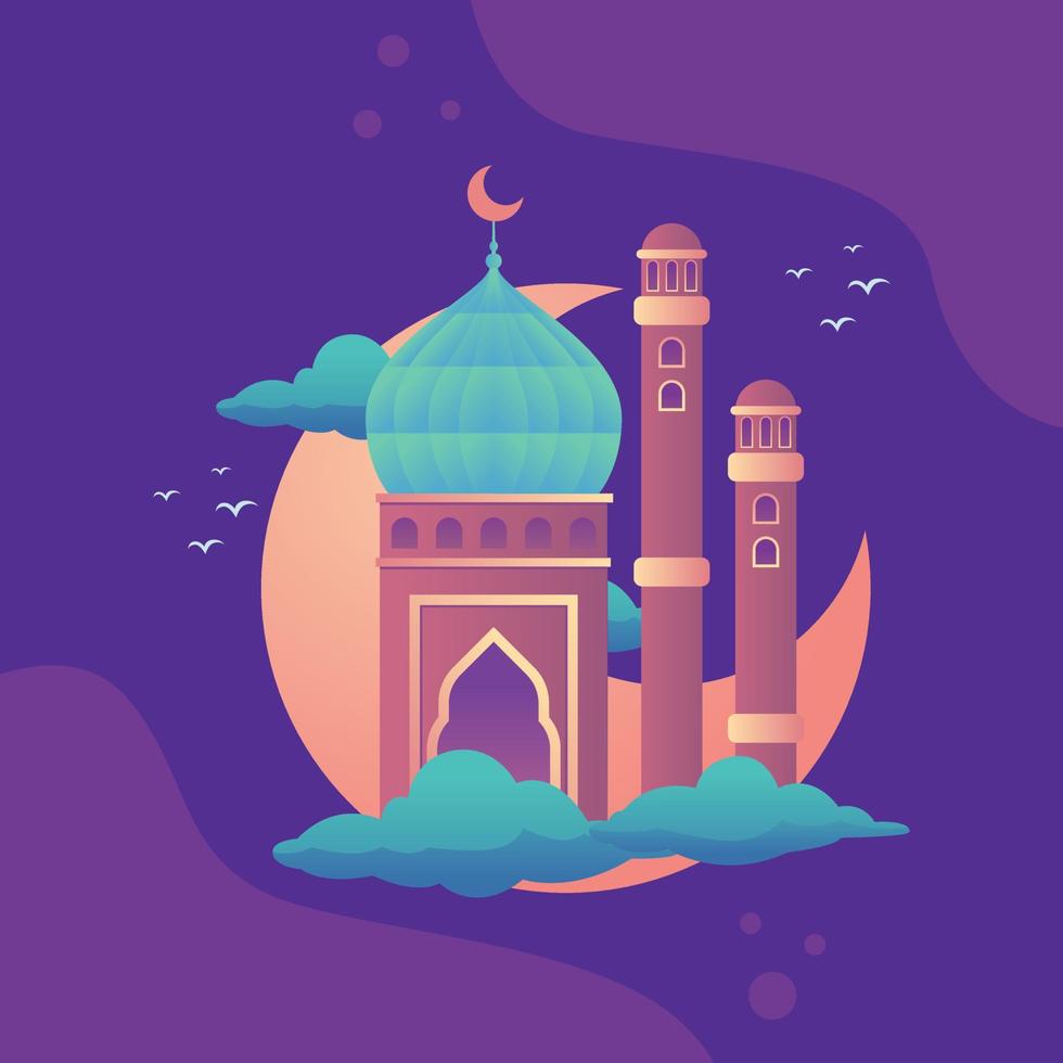 Mosque Vector Illustration with Crescent Moon Full Color Background