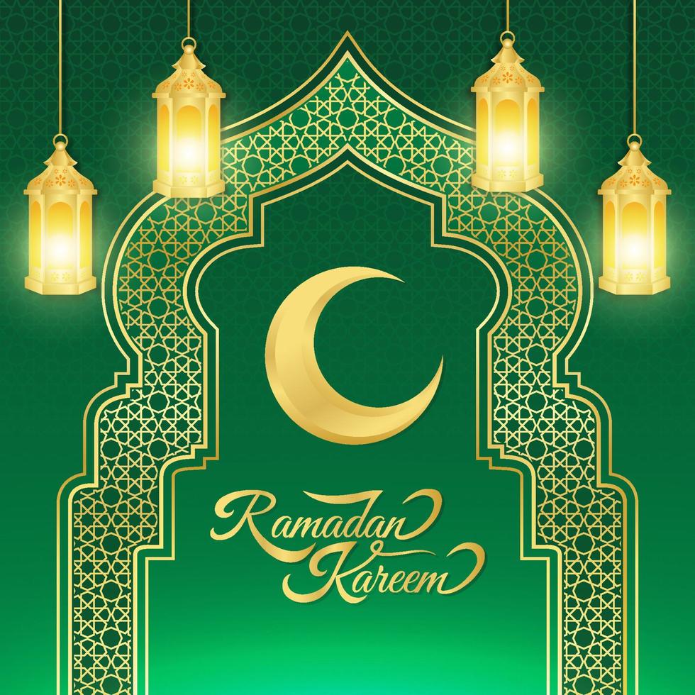 Islamic background for Ramadan Kareem and eid mubarak 2023. Golden and green, with lantern, islamic ornament pattern vector