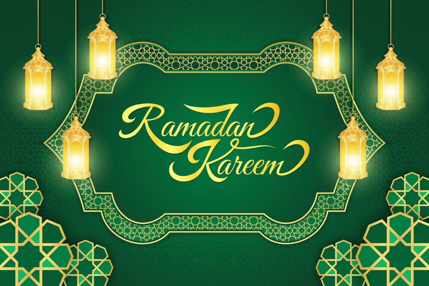 islámico antecedentes para Ramadán kareem y eid Mubarak 2023. dorado y verde, con linterna, islámico ornamento modelo vector