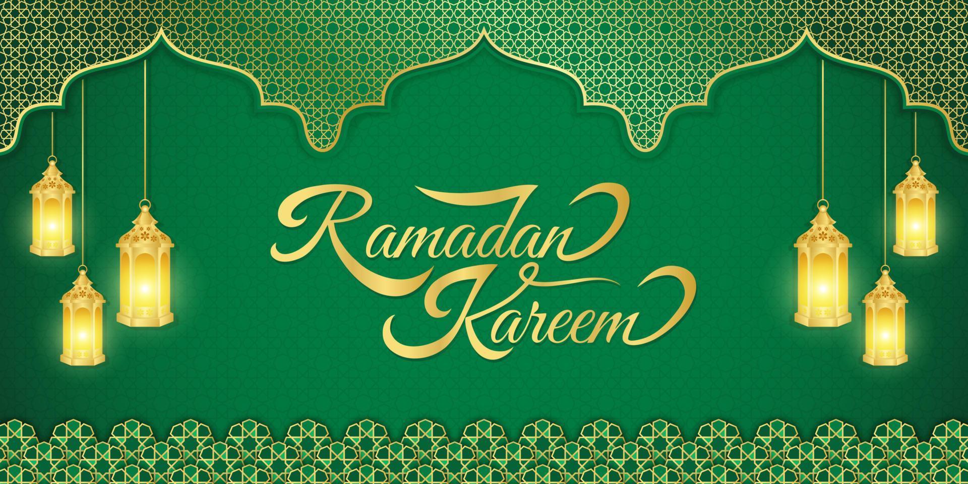 islámico antecedentes para Ramadán kareem y eid Mubarak 2023. dorado y verde, con linterna, islámico ornamento modelo vector