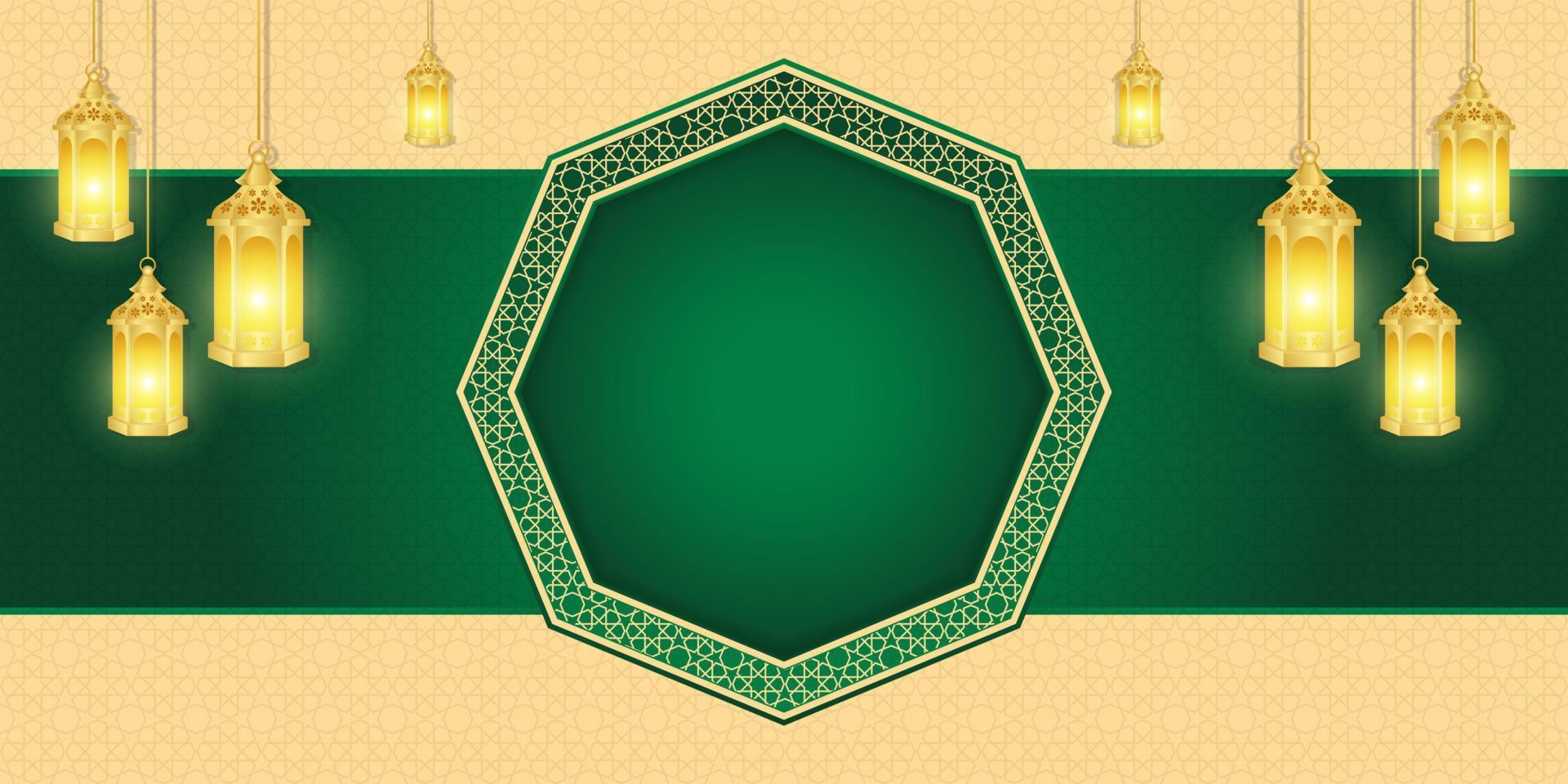 islámico antecedentes para Ramadán kareem y eid Mubarak 2023. dorado y verde, con linterna, islámico ornamento modelo vector