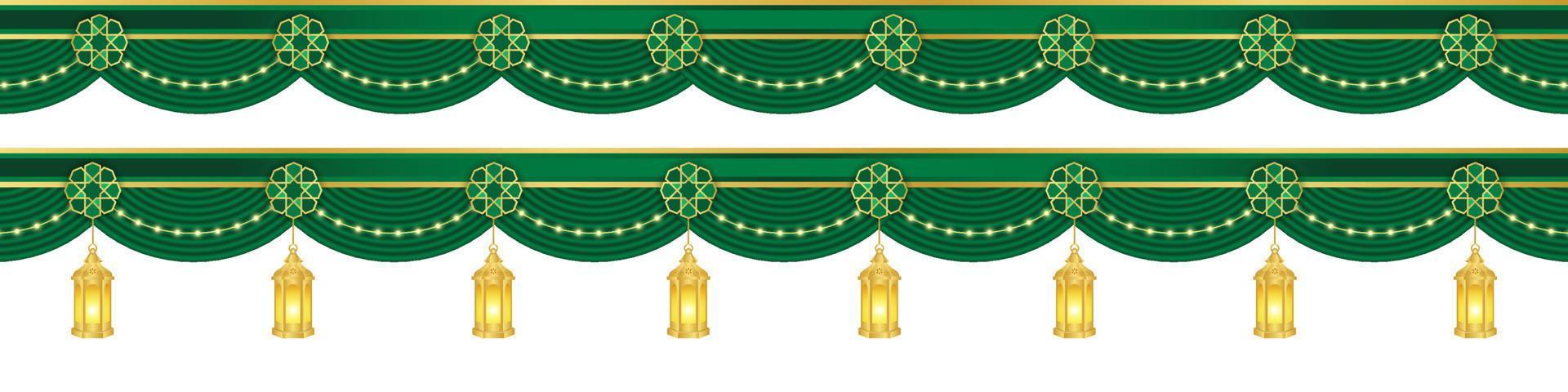 Islamic ornament curtain, lantern lamp template, header or footer for background, banner, poster, cover design, social media feed, stories. Ramadan Kareem and eid mubarak 2023 concept vector