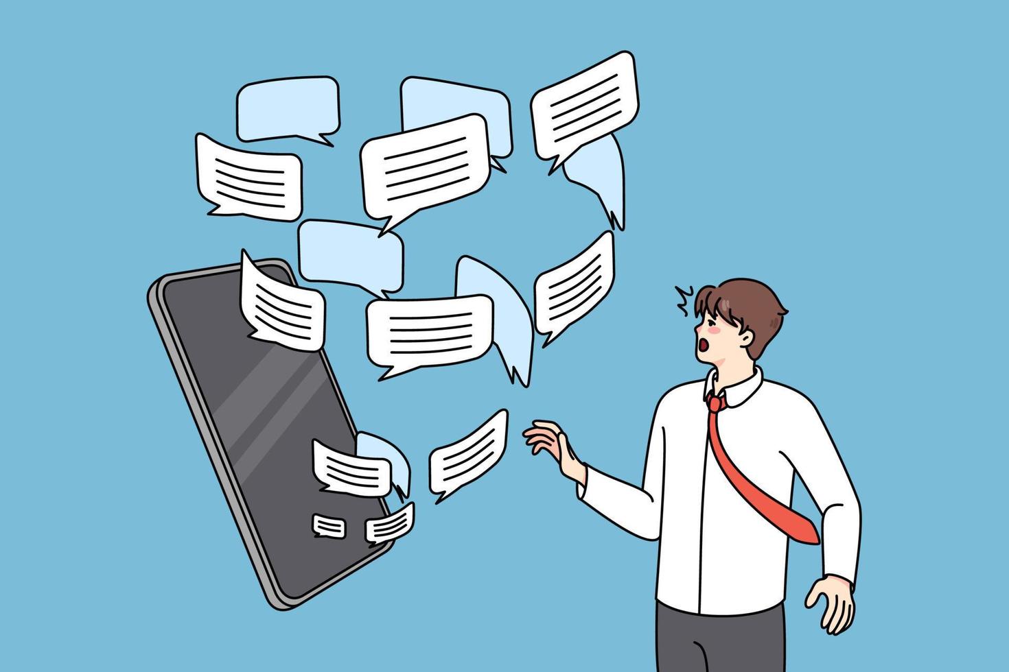 Man overwhelmed with email notification emails and messages on cellphone. Anxious male bothered with spam on smartphone. Flat vector illustration.
