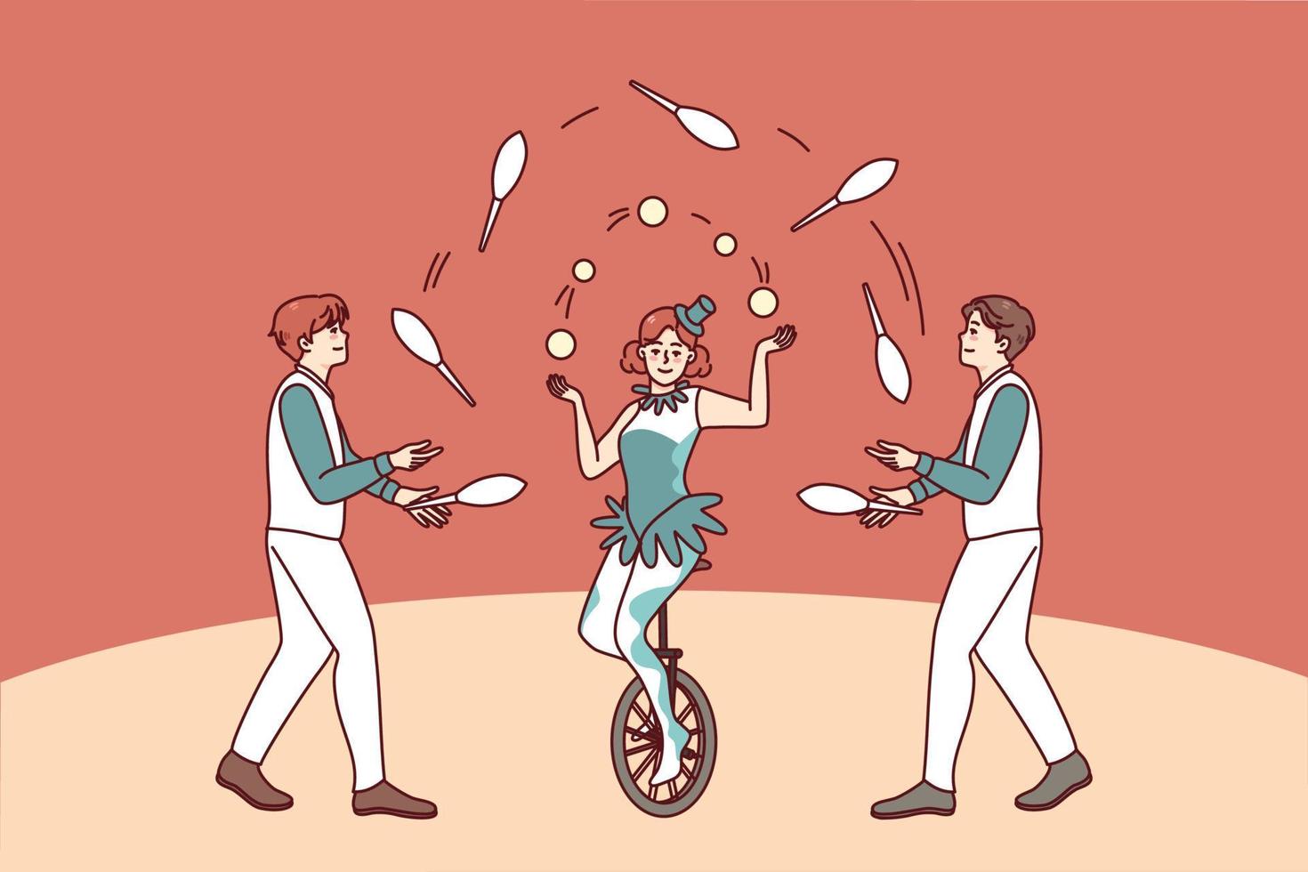 Artist juggling on circus arena. Man and woman performers make show on stage. Jugglers performance. Flat vector illustration.