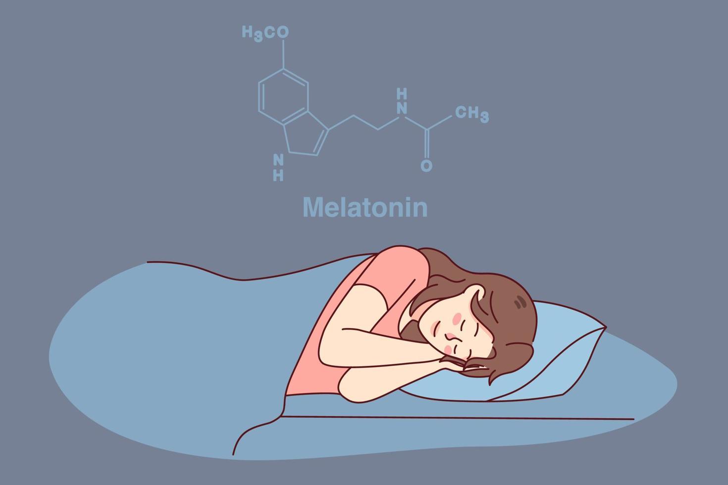 calma mujer dormido en cama teniendo melatonina hormona producido. contento niña dormido a hogar, disfrutando pacífico siesta o sueño. sano dormido y ciencia. vector ilustración.